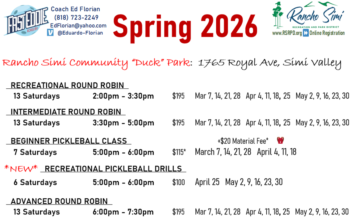 Simi Valley Pickleball schedule spring 2026